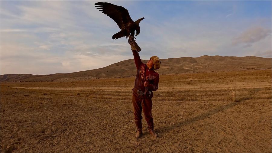 A golden eagle landing on the gloved arm of a hunter in traditional embroidered dress and a fur hat, alone on open steppe beneath bare hills.
